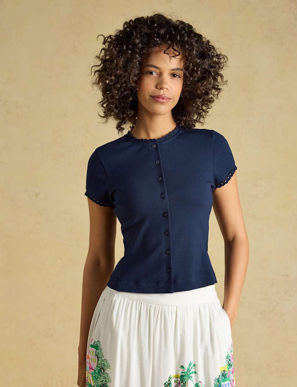 Joules Women's Cotton Rich Broderie Detail Crew Neck Top - 16 - Navy - Available at M&S