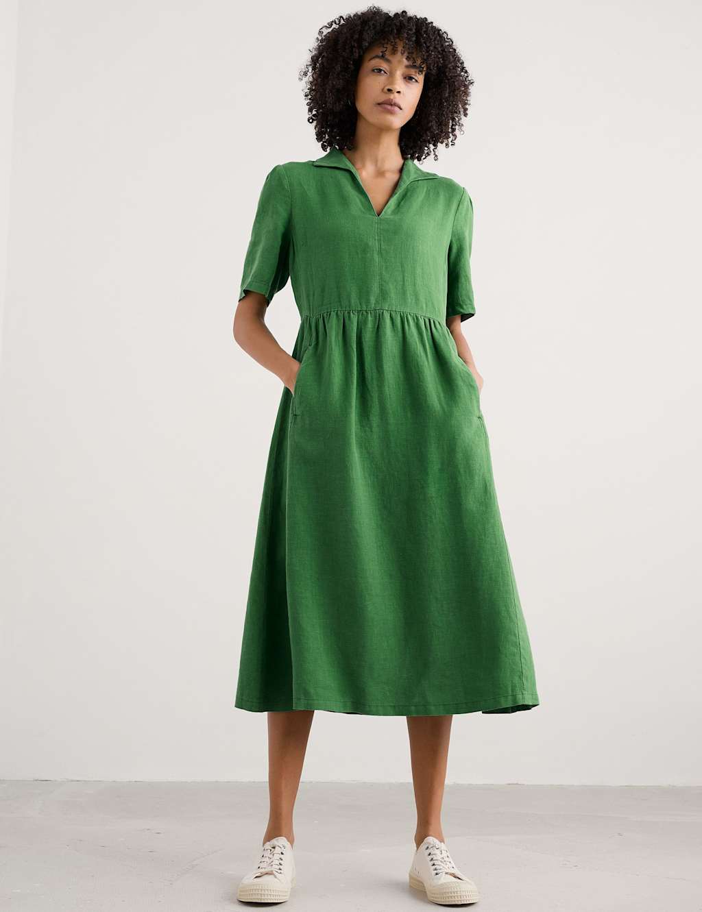 Pure Linen Collared Midi Waisted Dress