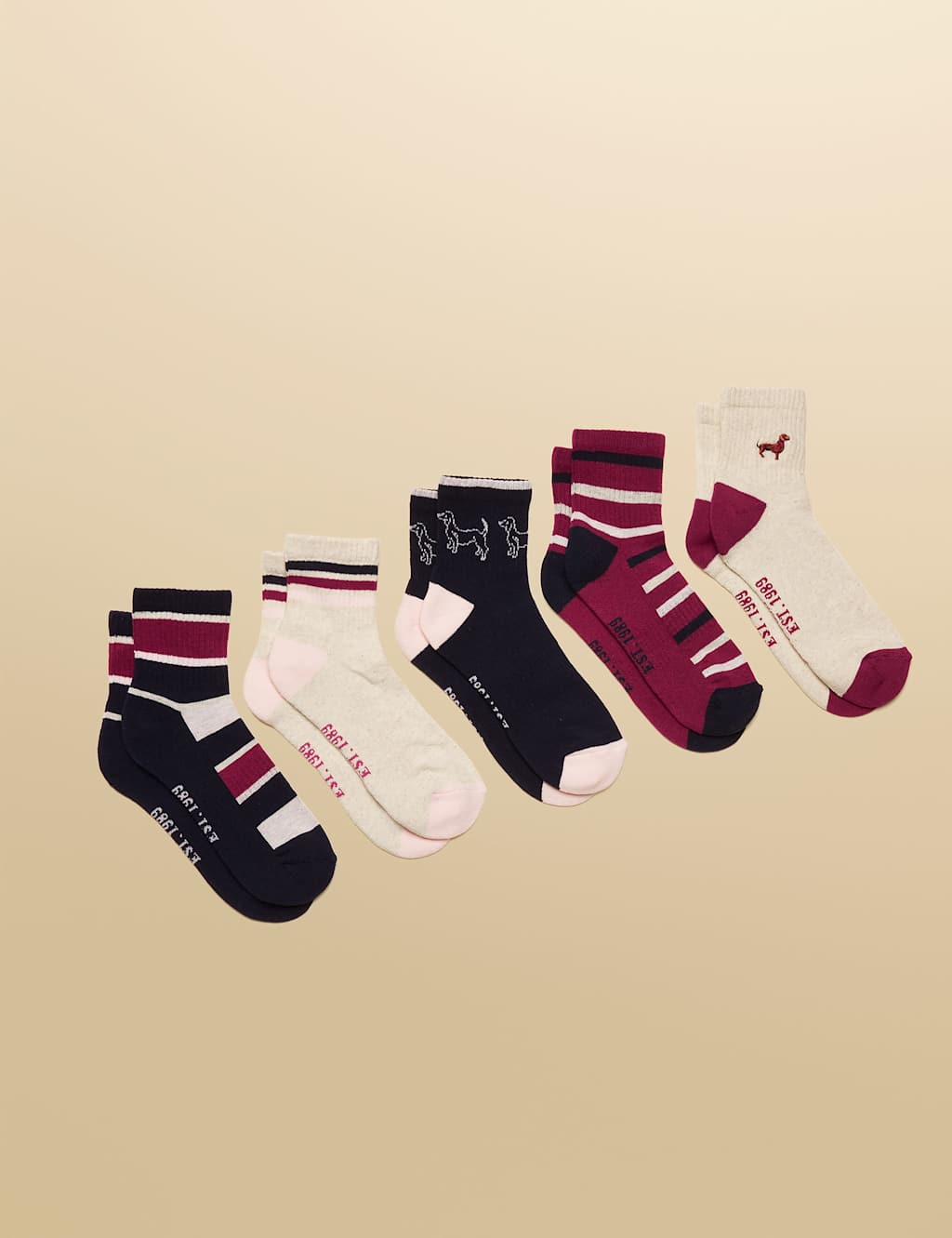 Joules 5pk Cotton Rich Striped Dog Ankle High Socks Multi