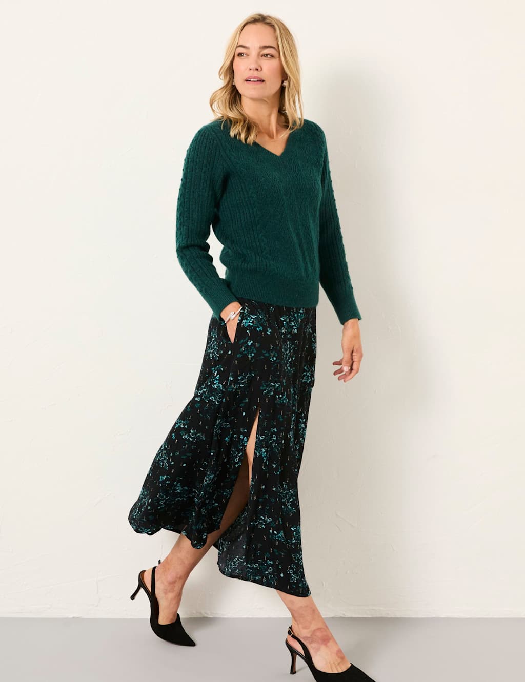 FatFace Floral Midi A-Line Skirt Black Mix