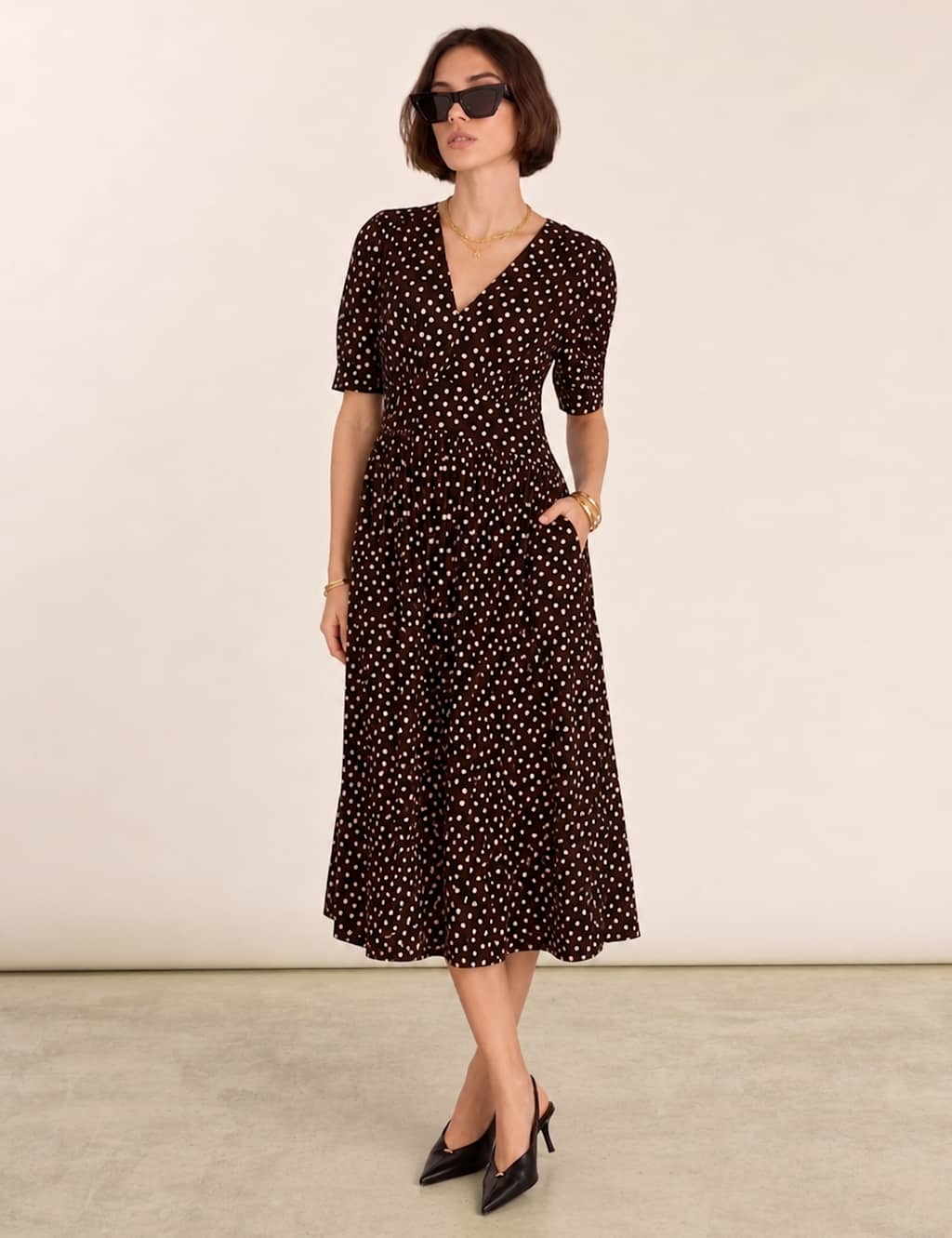Baukjen Women's Polka Dot Midi Tea Dress - 12 - Brown Mix - Available at M&S