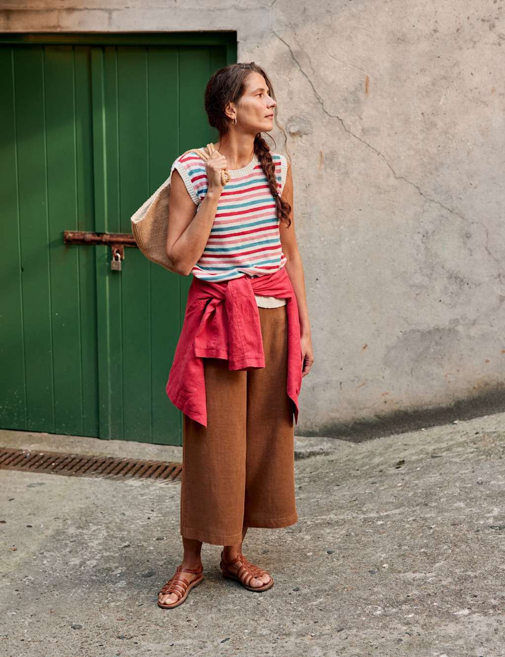 Cotton Rich Striped Knitted Vest with Linen