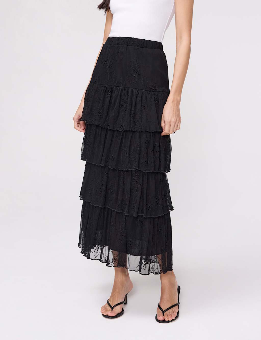 Finery London Women's Broderie Midaxi Tiered Skirt - 18 - Black - Available at M&S
