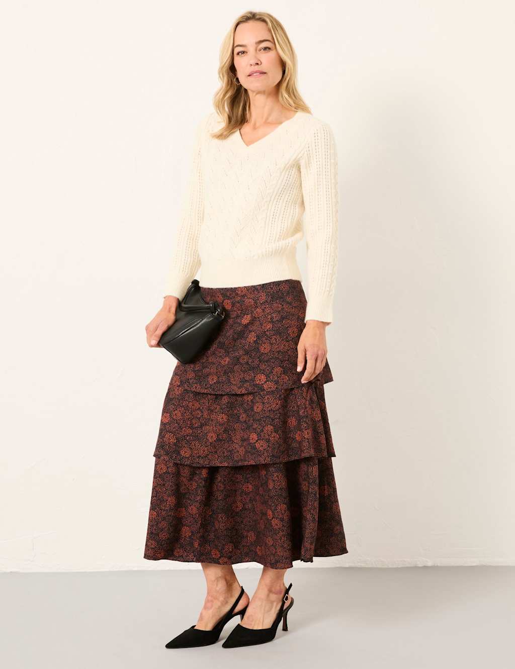FatFace Floral Midi Tiered Skirt Black Mix