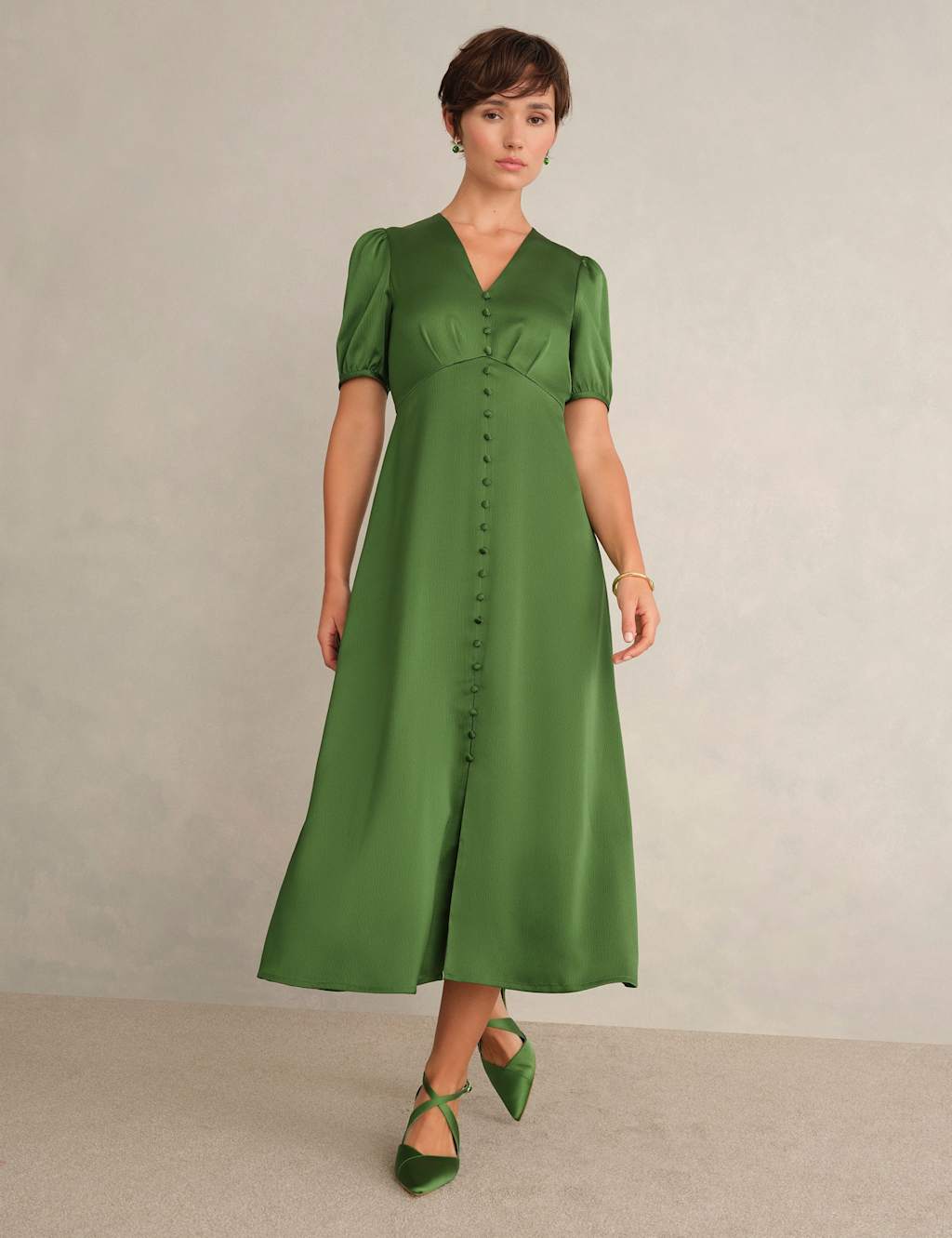 Hobbs Women's Satin V-Neck Midi Skater Dress - 16 - Green - Available at M&S