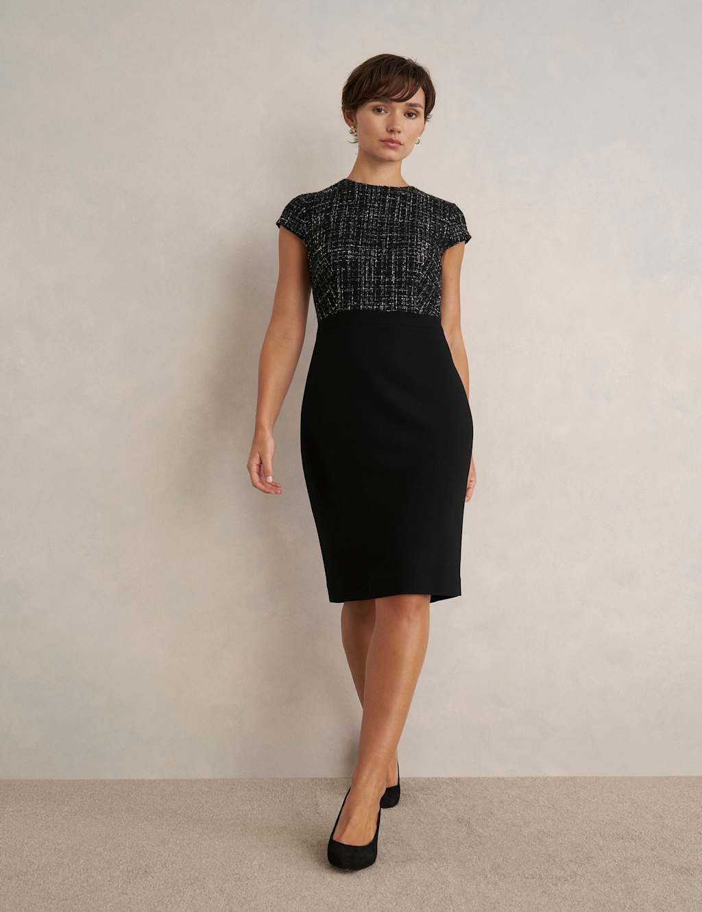 HOBBS Textured Round Neck Mini Tailored Dress Black