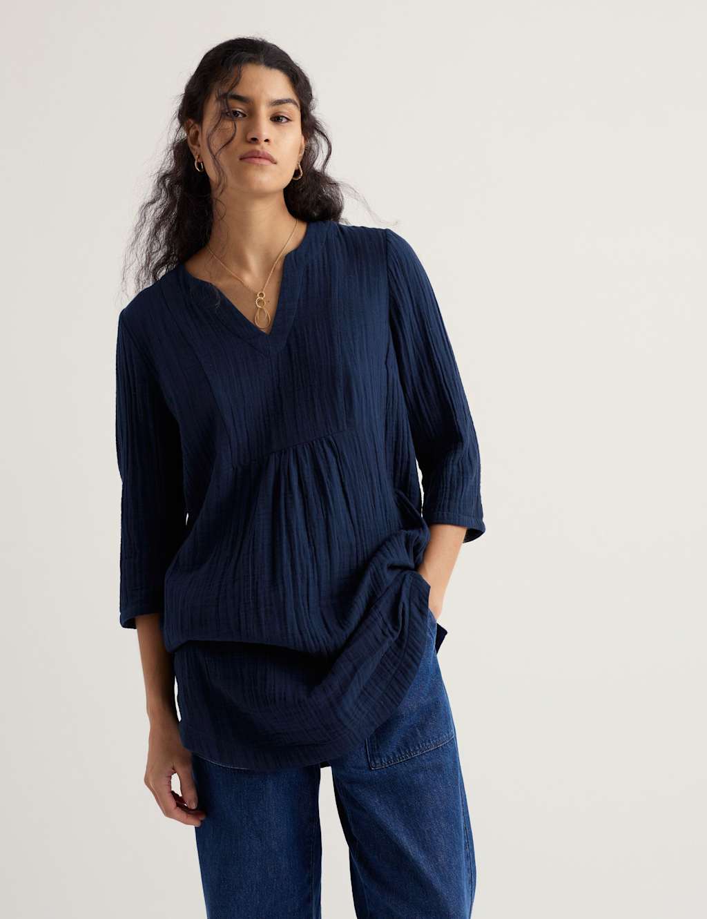 Seasalt Cornwall Women's Pure Cotton Textured Notch Neck Relaxed Tunic - 20 - Navy - Available at M&S