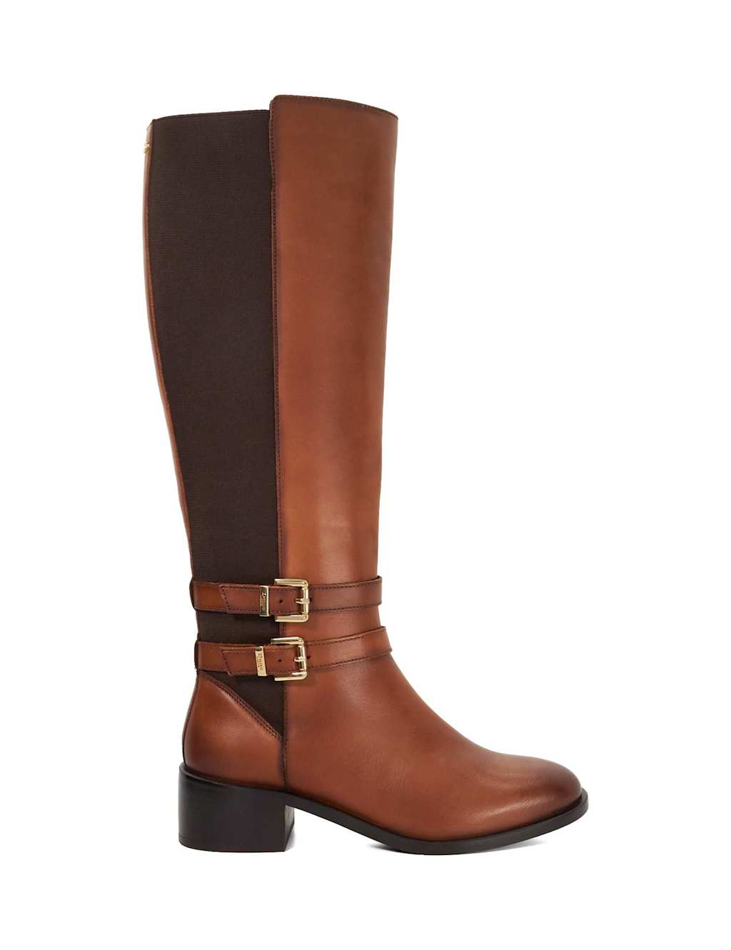 Dune London Leather Double Buckle Knee High Boots Dark Brown