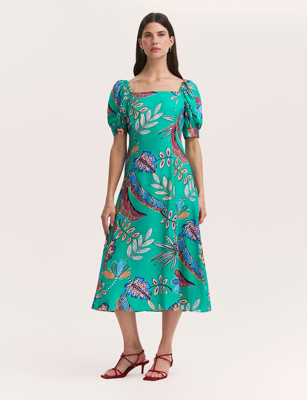 Finery London Women's Printed Square Neck Midi Smock Dress - 12 - Green Mix - Available at M&S