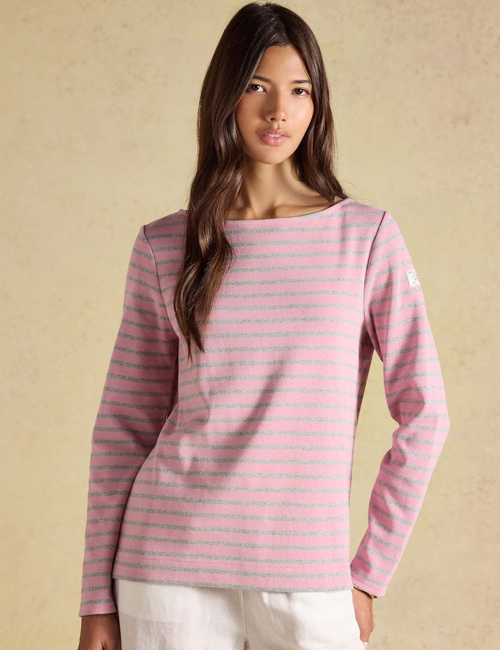 Joules Women's Pure Cotton Striped Slash Neck Top - 10 - Pink Mix - Available at M&S