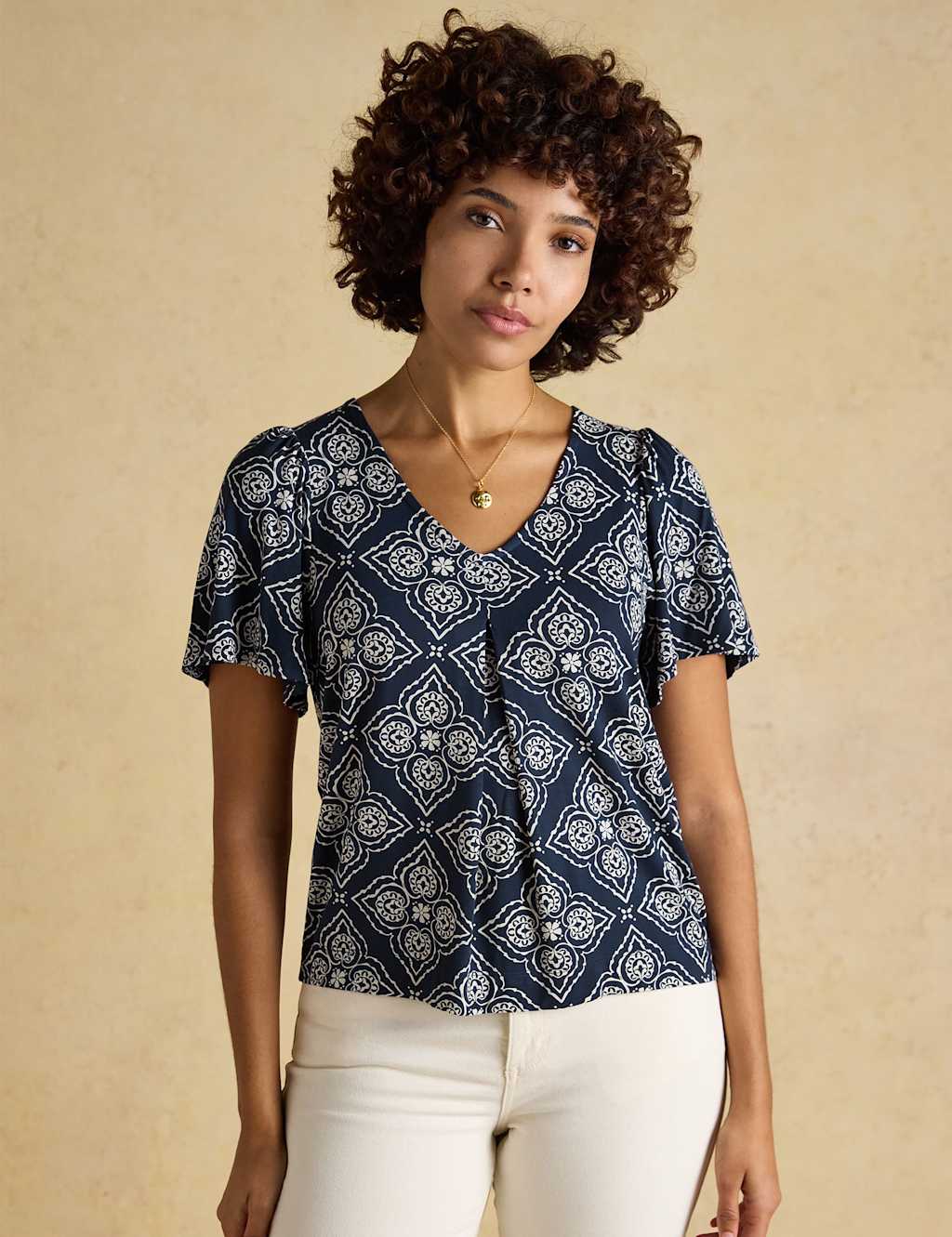 Joules Women's Printed V-Neck Top - 12 - Navy Mix - Available at M&S