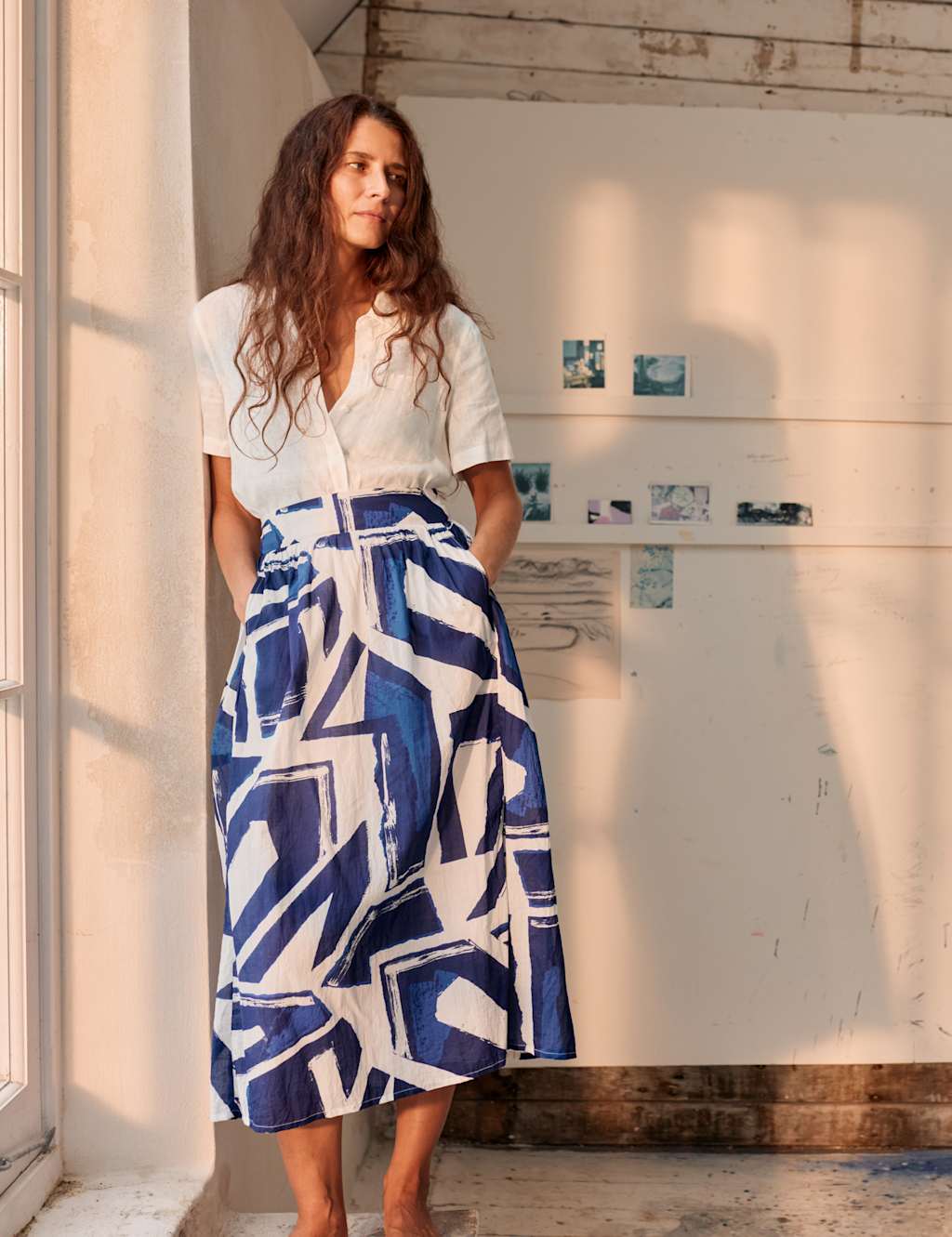 Pure Cotton Printed Midi A-Line Skirt