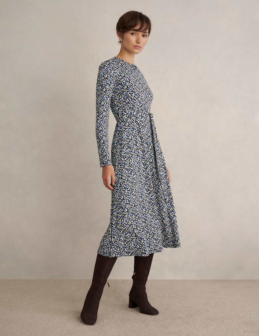 HOBBS Jersey Geometric Midi Skater Dress Blue Mix