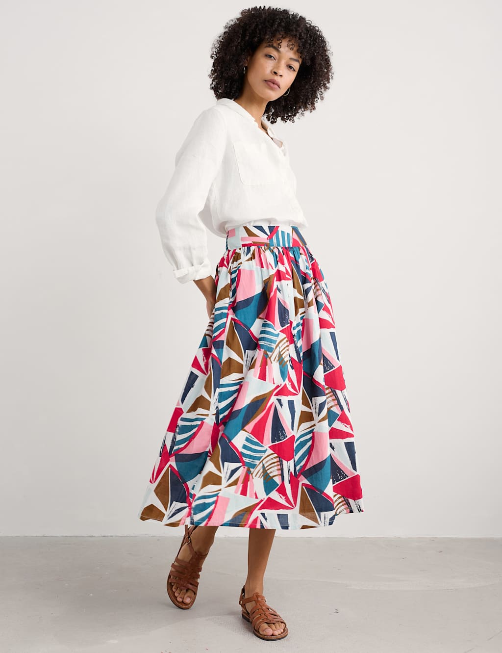 Pure Cotton Printed Midi A-Line Skirt