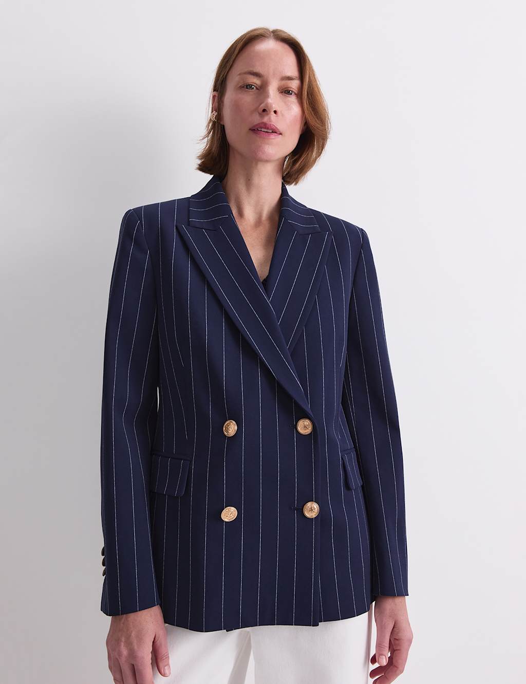 Sportscraft Women's Pinstripe Double Breasted Blazer - 12 - Navy - Available at M&S