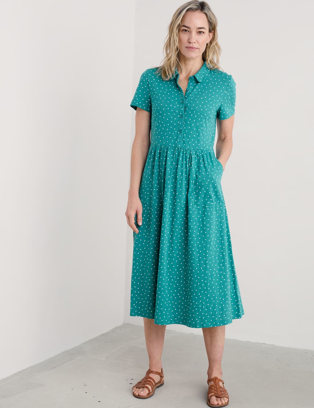 Pure Cotton Polka Dot Midi Shirt Dress