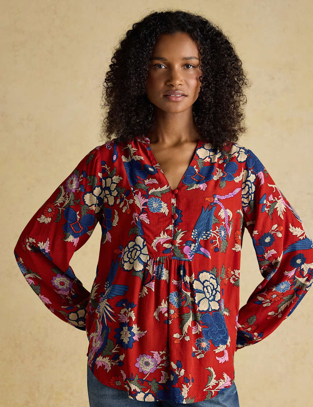 Joules Floral Popover Blouse Red Mix
