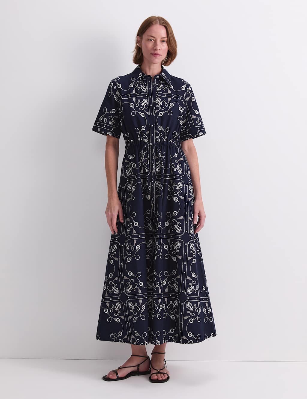 Sportscraft Women's Linen Rich Printed Midaxi Shirt Dress - 10 - Navy - Available at M&S