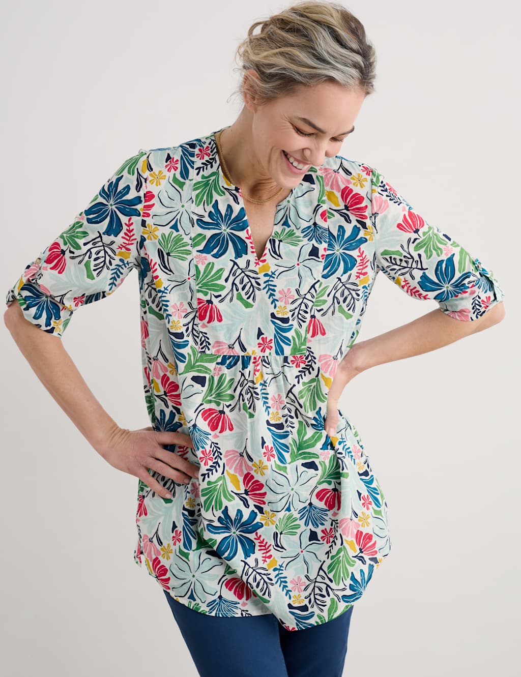 Pure Cotton Floral Notch Neck Tunic