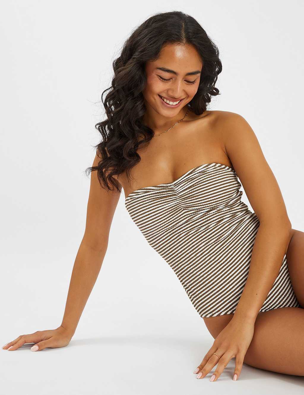 Accessorize Women's Rushed Striped Crinkle Swimsuit - 10 - Beige, Beige