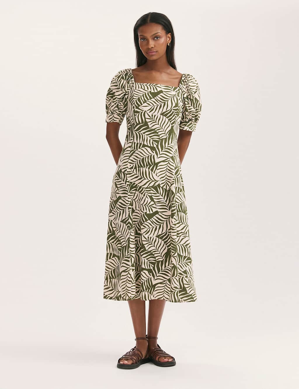 Finery London Women's Leaf Print Square Neck Midi Tea Dress - 12 - Green Mix - Available at M&S