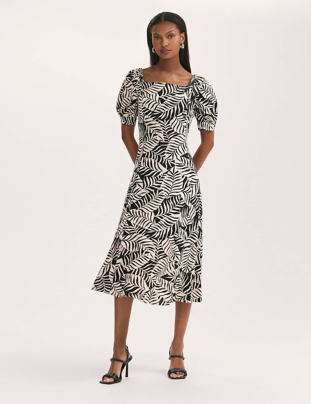 Finery London Women's Leaf Print Square Neck Midi Tea Dress - 16 - Black Mix - Available at M&S