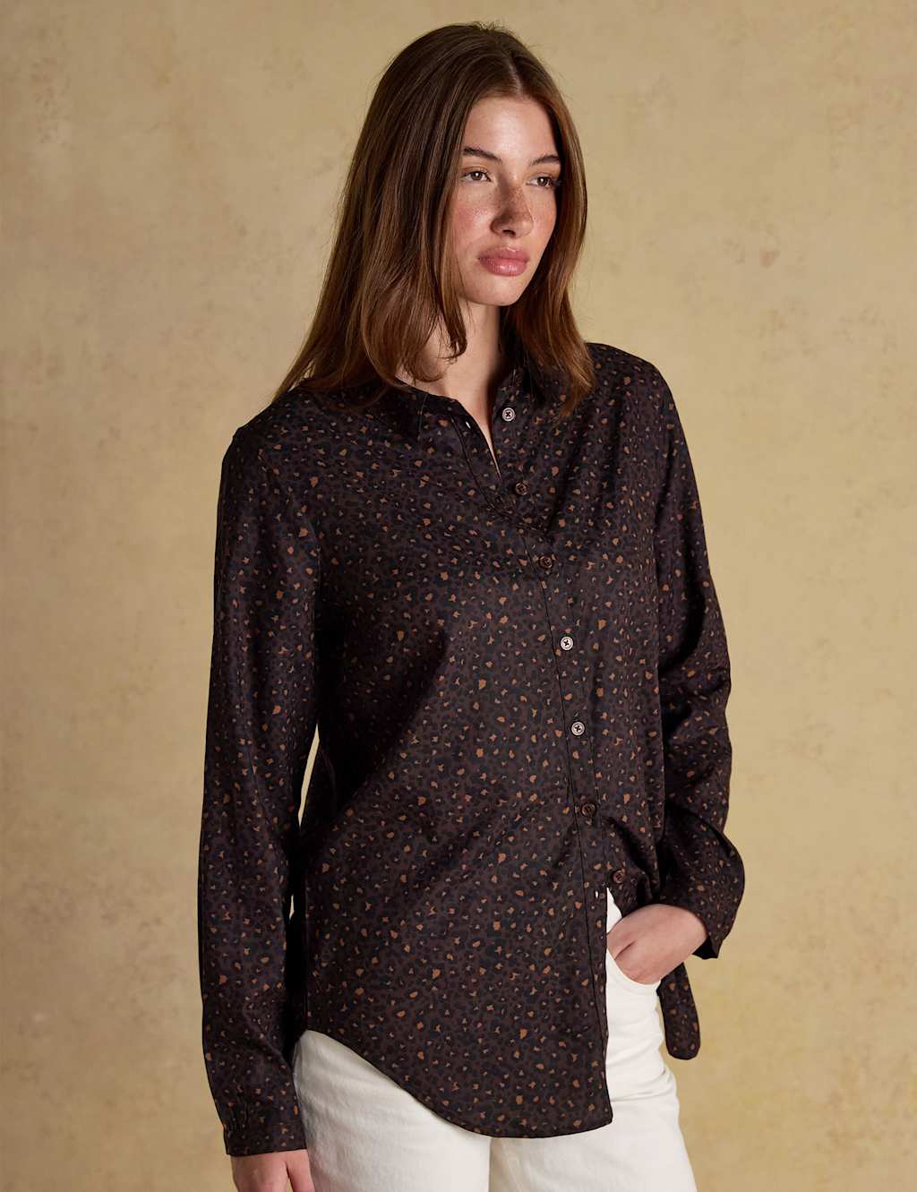 Joules Bird Print Collared Button Through Shirt Brown Mix