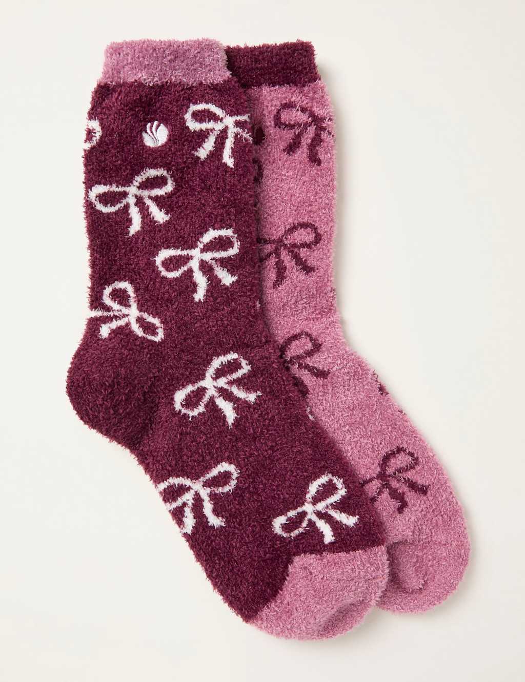 FatFace 2 Pack Bow Fluffy Socks Burgundy Mix