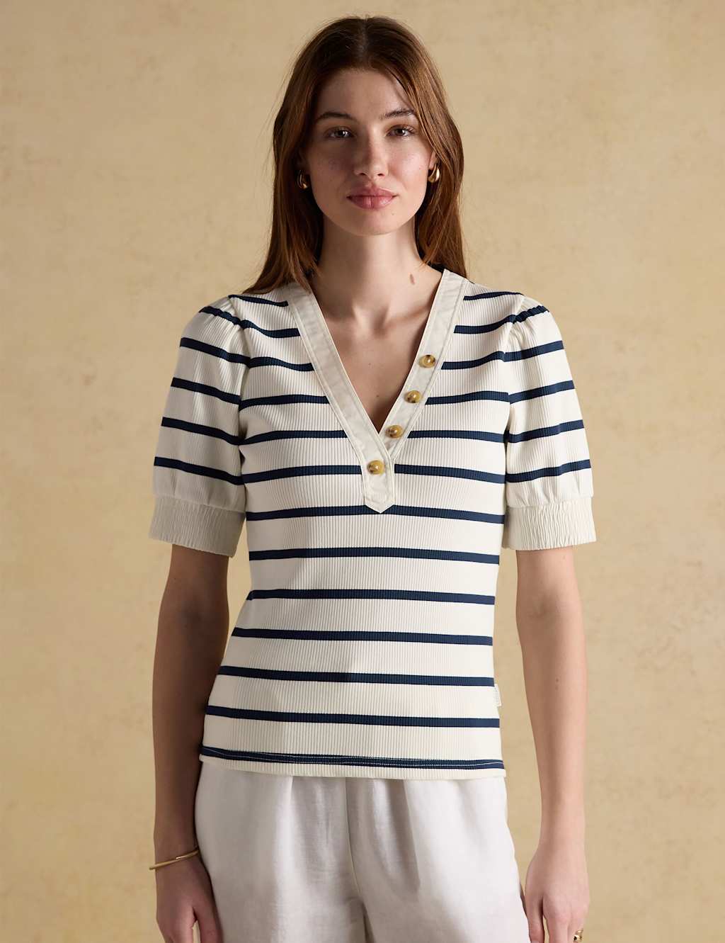 Joules Women's Cotton Rich Ribbed Striped V-Neck Top - 6 - Navy Mix - Available at M&S