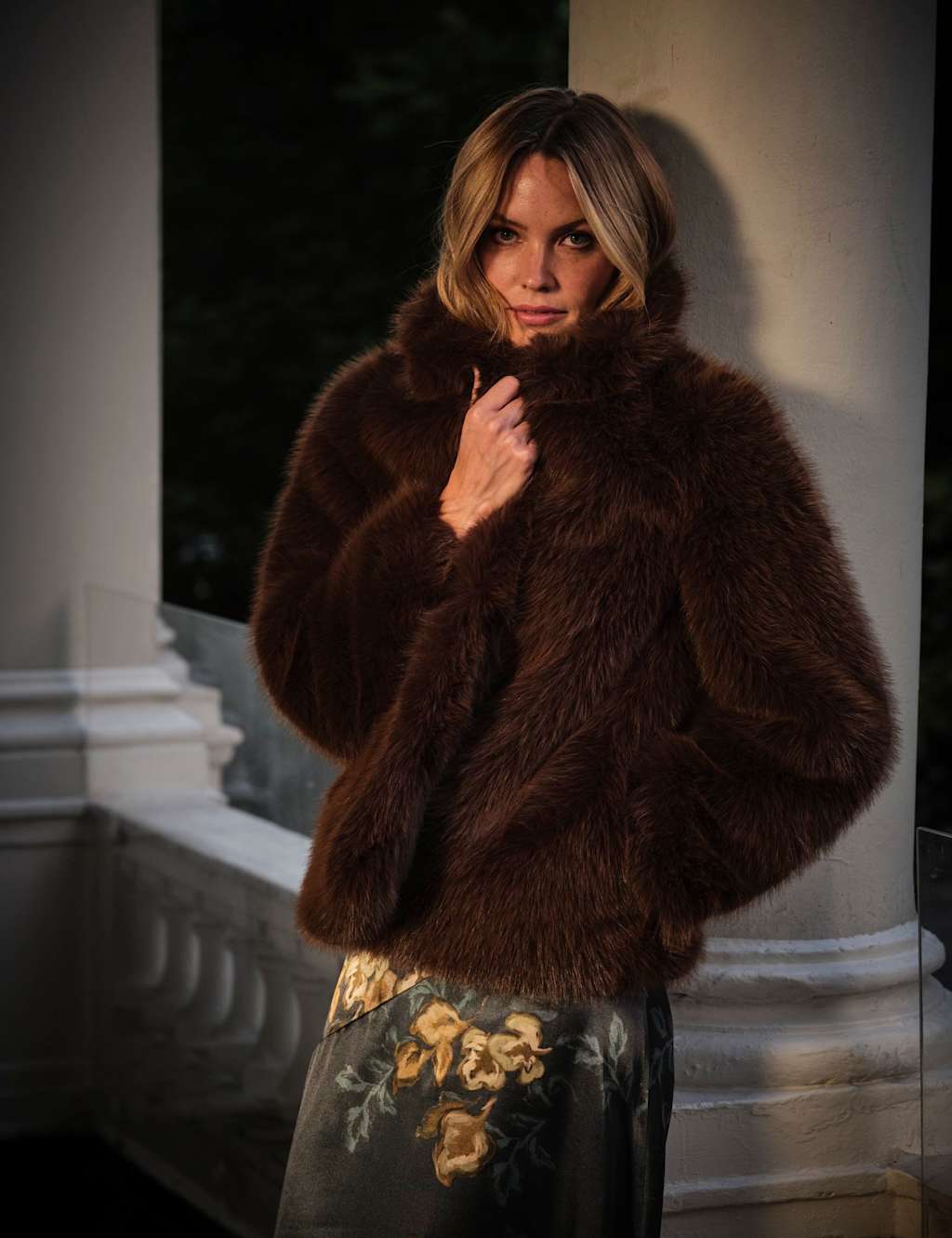 FatFace Textured Faux Fur Coat Brown