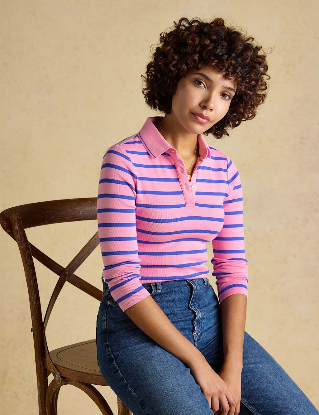 Joules Women's Cotton Rich Ribbed Striped Polo Shirt - 8 - Blue Mix - Available at M&S