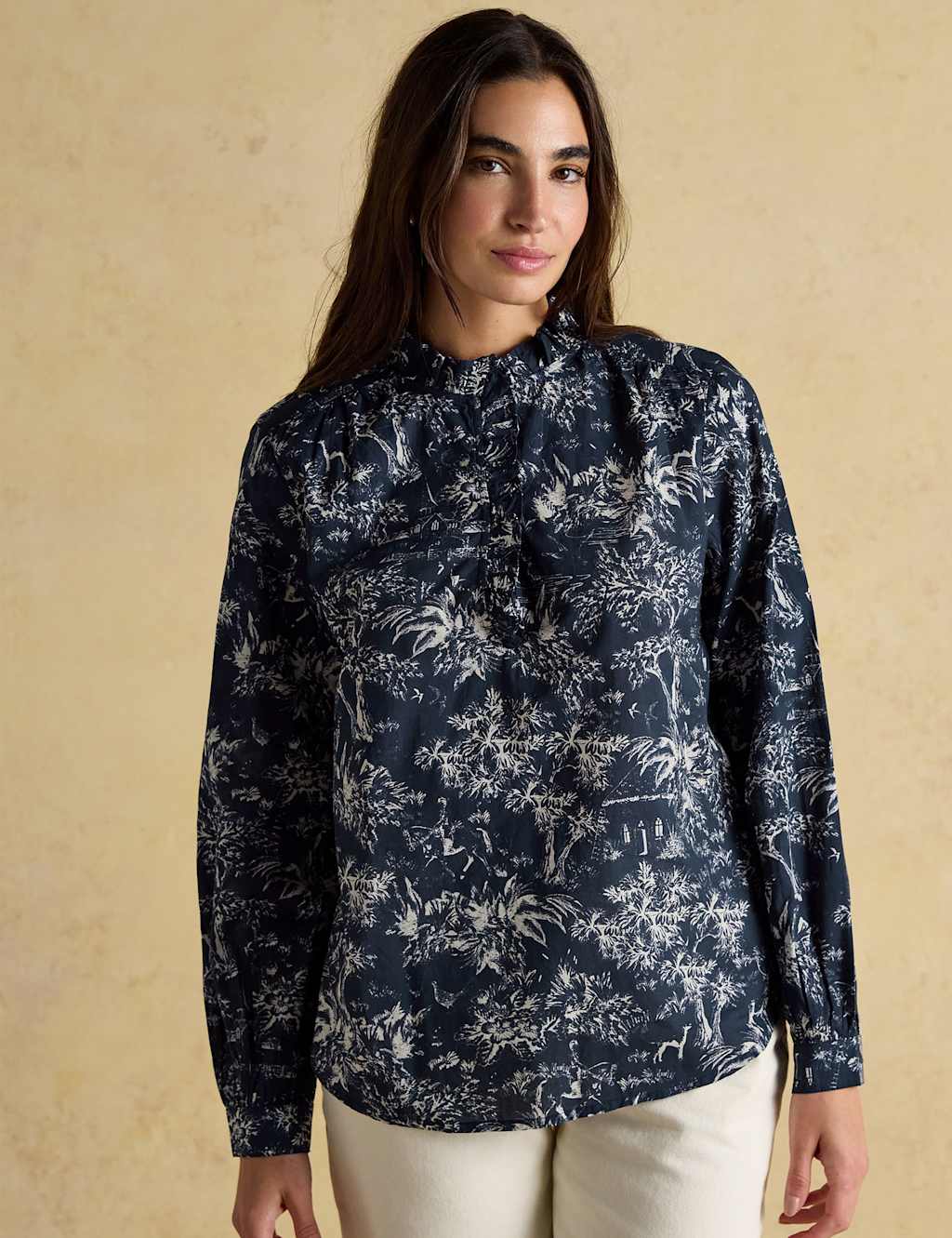 Joules Pure Cotton Printed High Neck Blouse Navy Mix