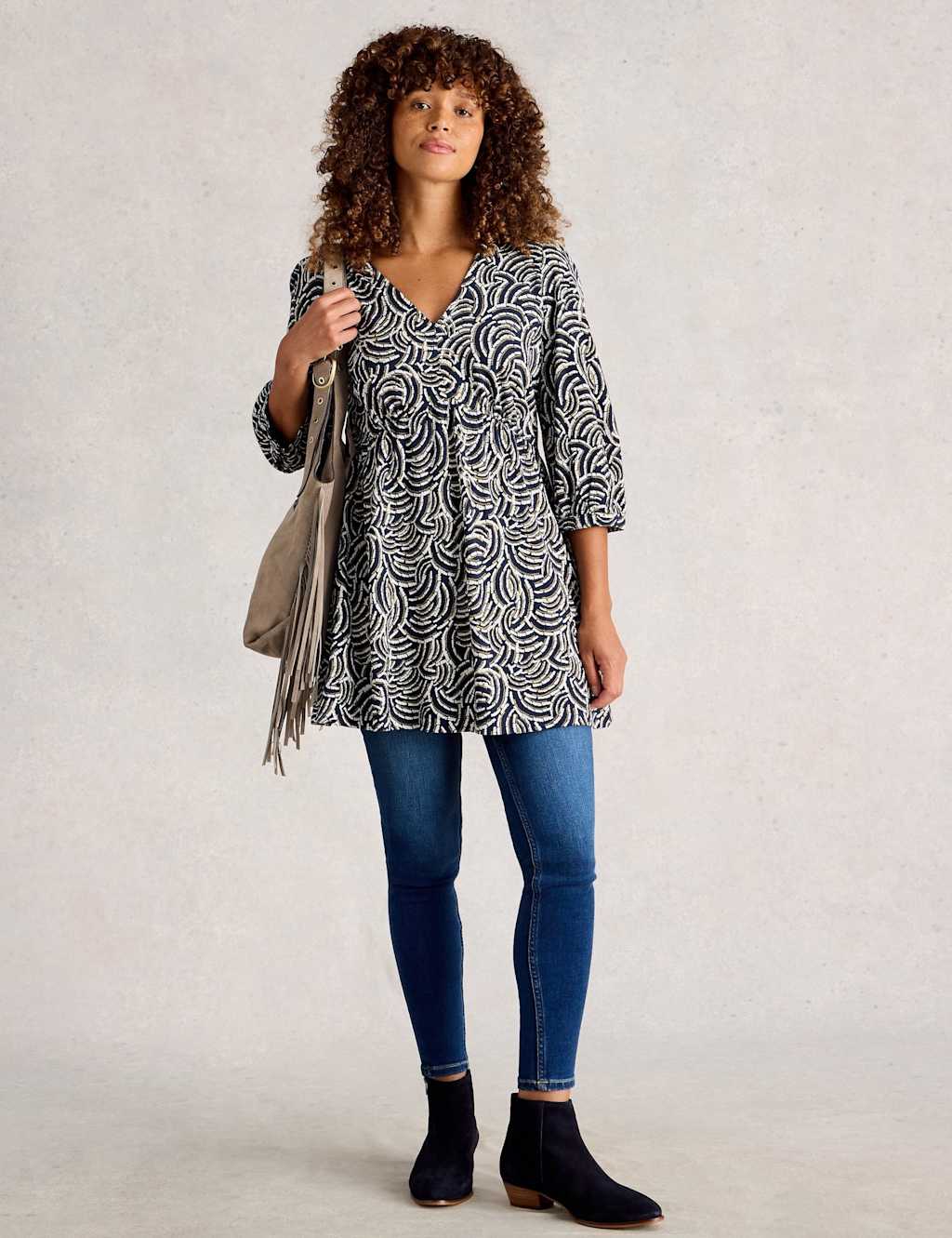 White Stuff Pure Cotton Printed V-Neck Tunic Navy Mix