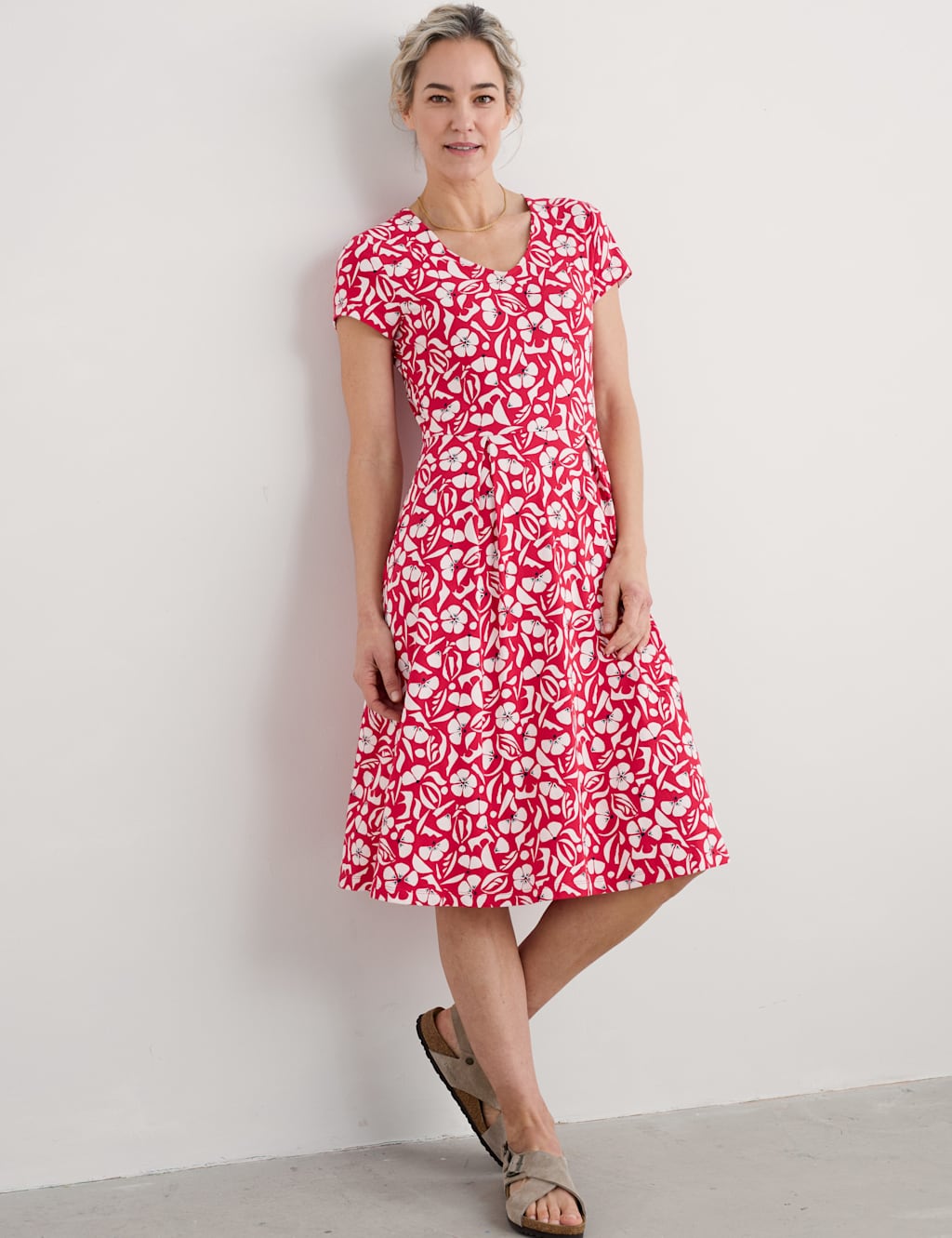 Cotton Rich Floral V-Neck Midi Waisted Dress
