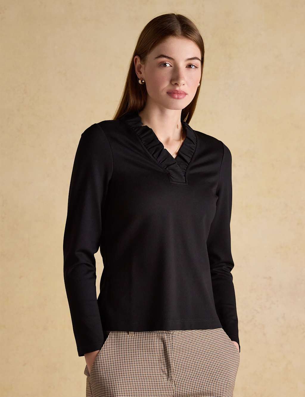 Joules Women's Jersey Frill V-Neck Top - 12 - Black - Available at M&S