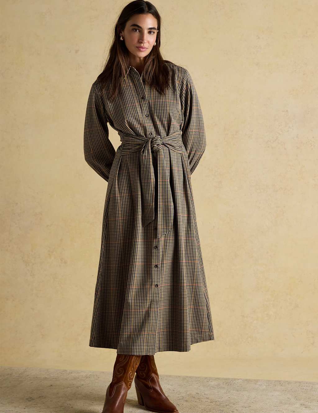 Joules Women's Check Tie Waist Midaxi Shirt Dress - 12 - Brown Mix, Brown Mix