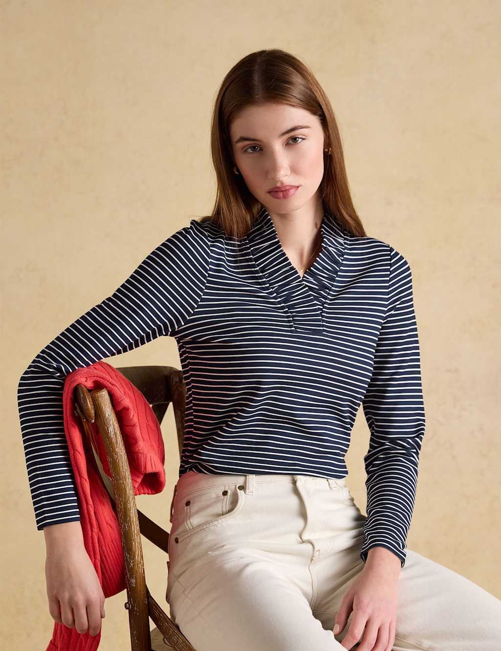 Joules Women's Jersey Striped Frill V-Neck Top - 16 - Navy Mix - Available at M&S