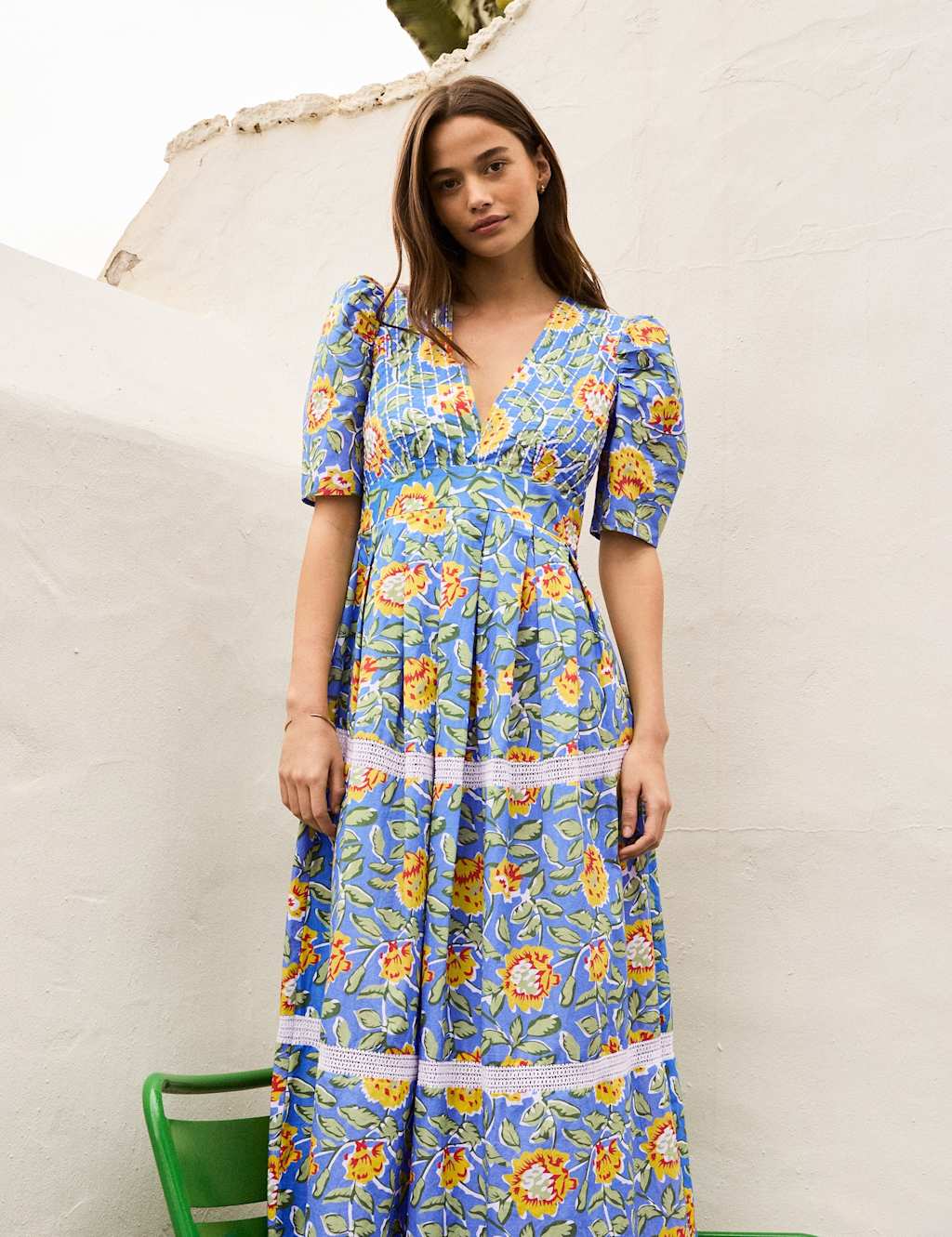 Ro&Zo Women's Pure Cotton Floral V-Neck Midaxi Dress - 12 - Blue Mix - Available at M&S