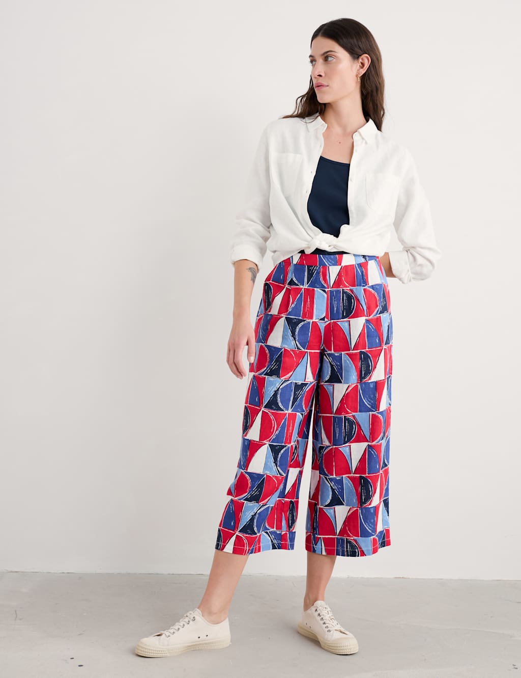 Pure Linen Geometric Wide Leg Culottes