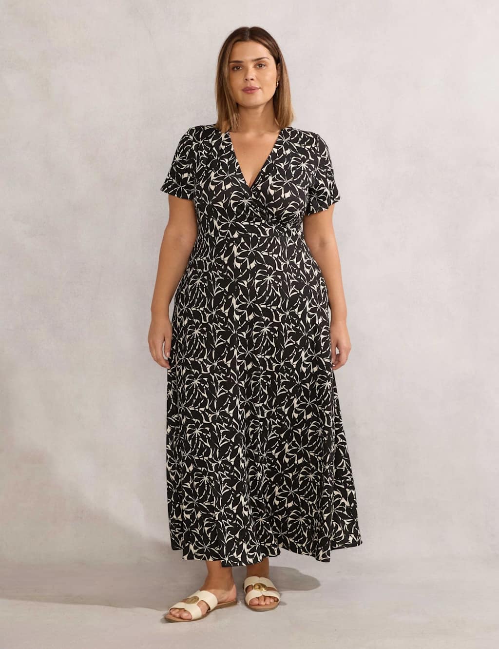 Leaf Print V-Neck Maxi Wrap Dress