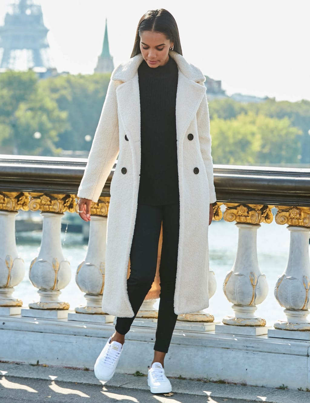 SOSANDAR Borg Teddy Double Breasted Longline Coat Cream