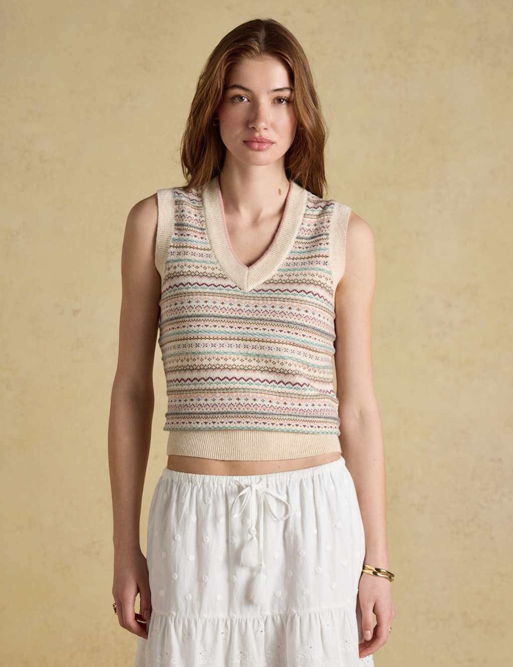 Joules Women's Cotton Rich Fair Isle Knitted Vest with Wool - Large - Natural Mix - Available at M&S