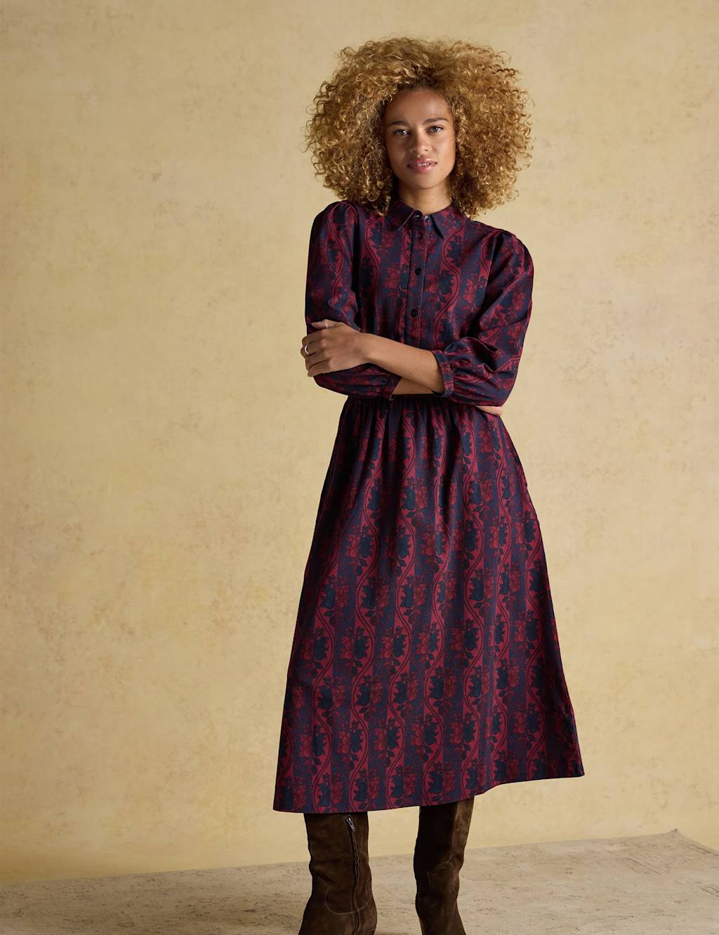 Joules Women's Floral Baroque Midaxi Shirt Dress - 12 - Burgundy Mix, Burgundy Mix