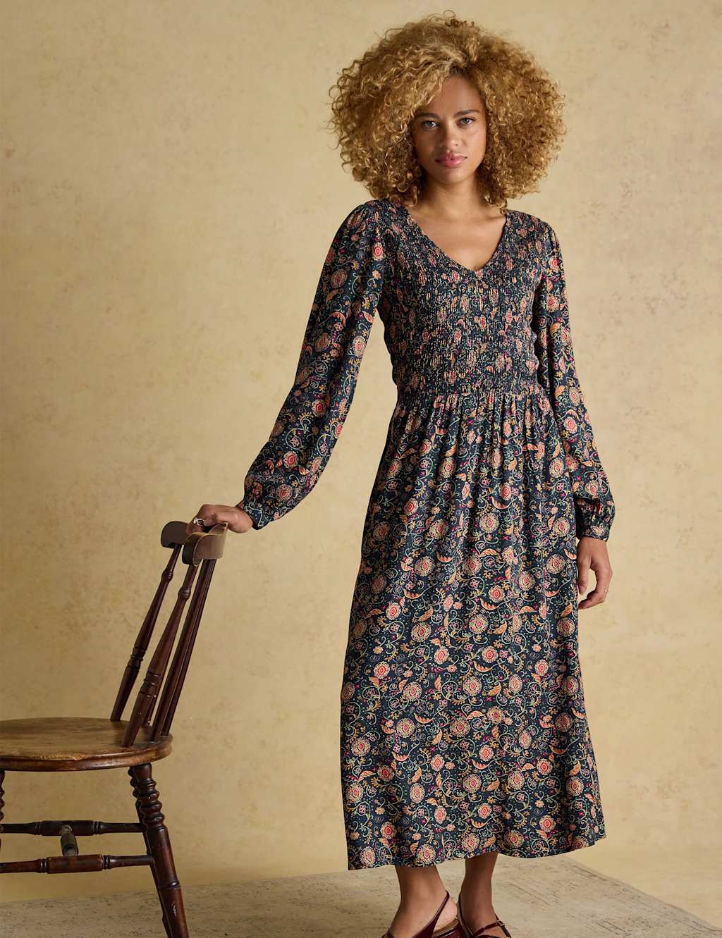Joules Floral V-Neck Midi Shirred Waisted Dress Navy Mix