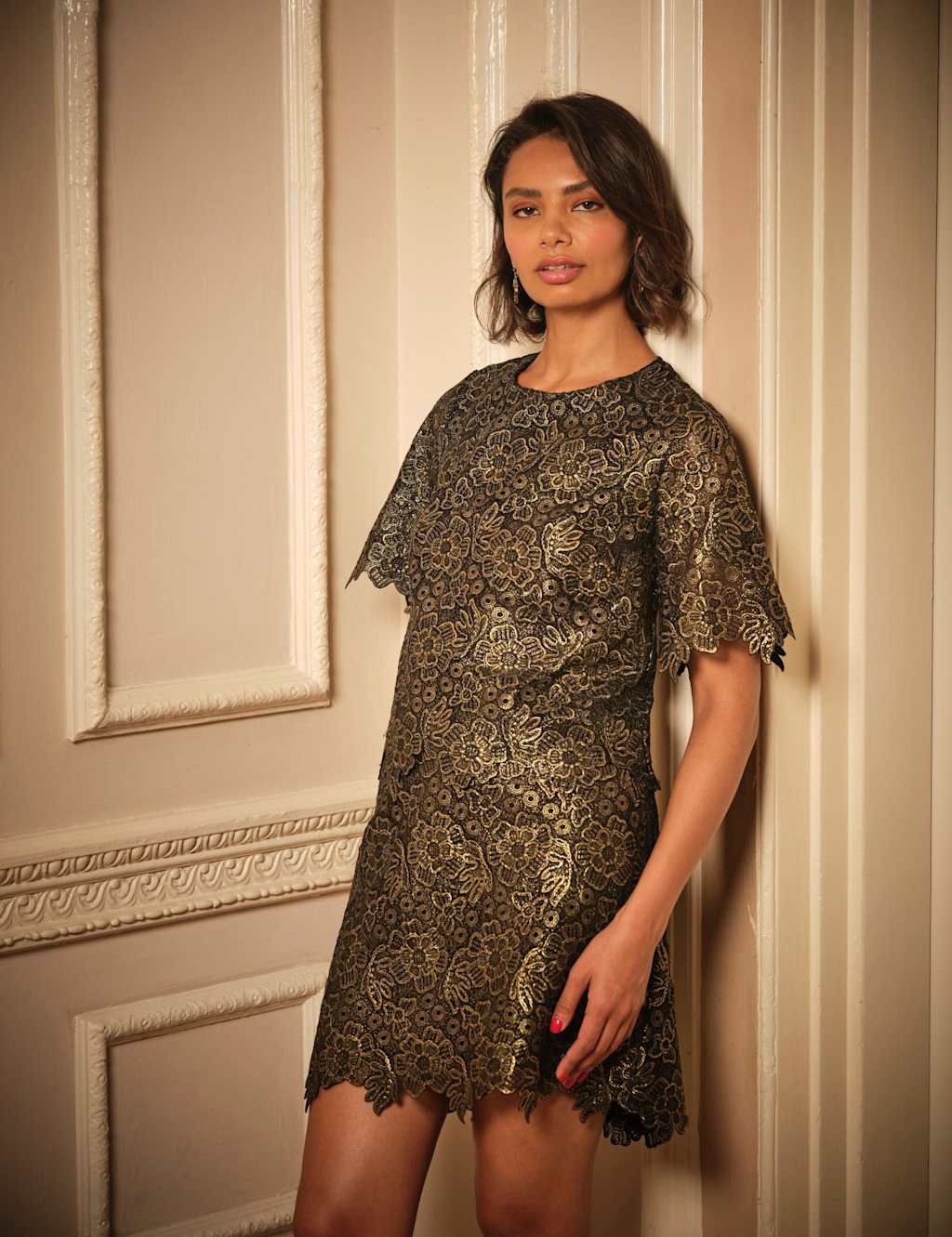 FatFace Lace Round Neck Top Gold Mix