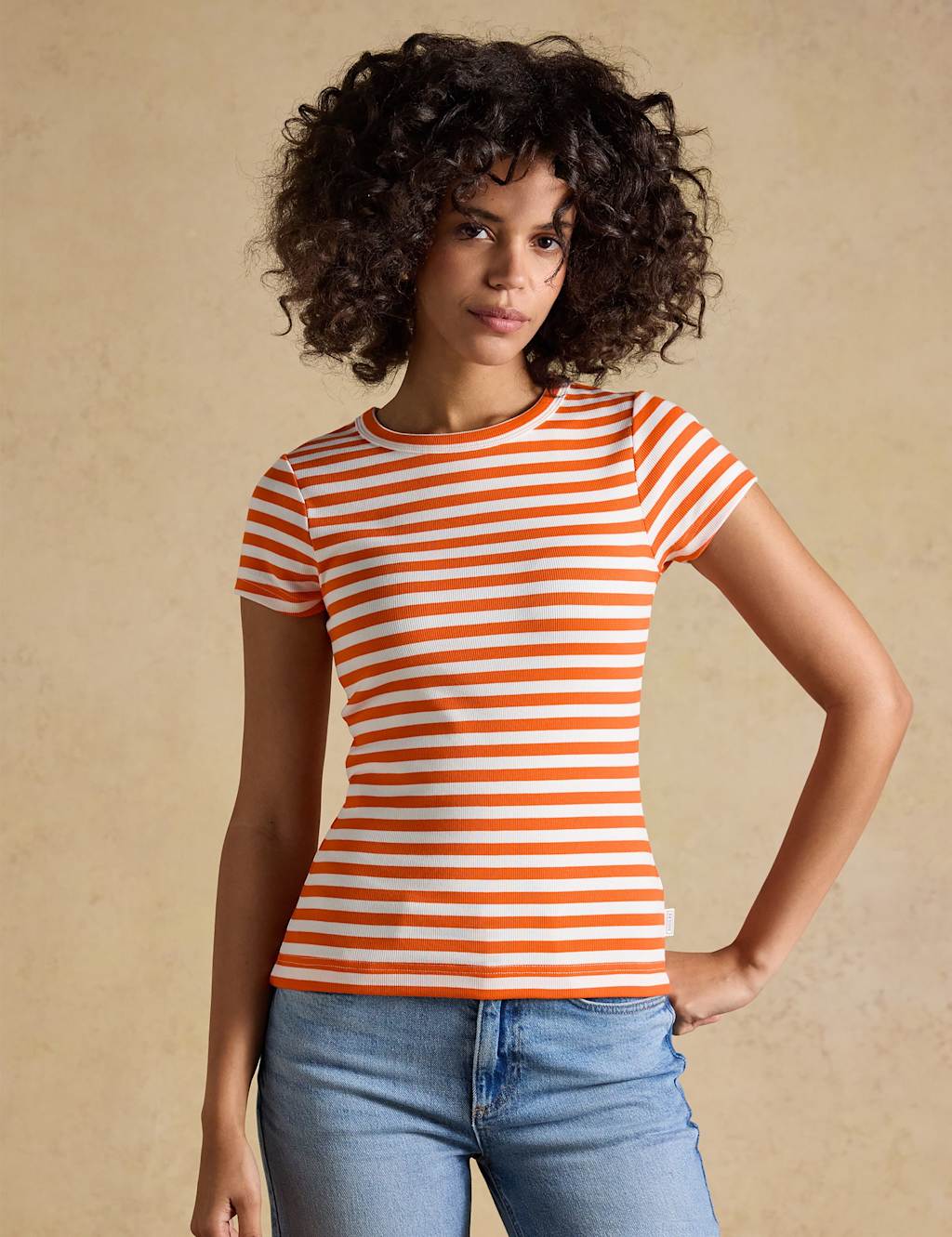 Joules Women's Cotton Rich Ribbed Striped Crew Neck T-Shirt - 6 - Orange Mix - Available at M&S