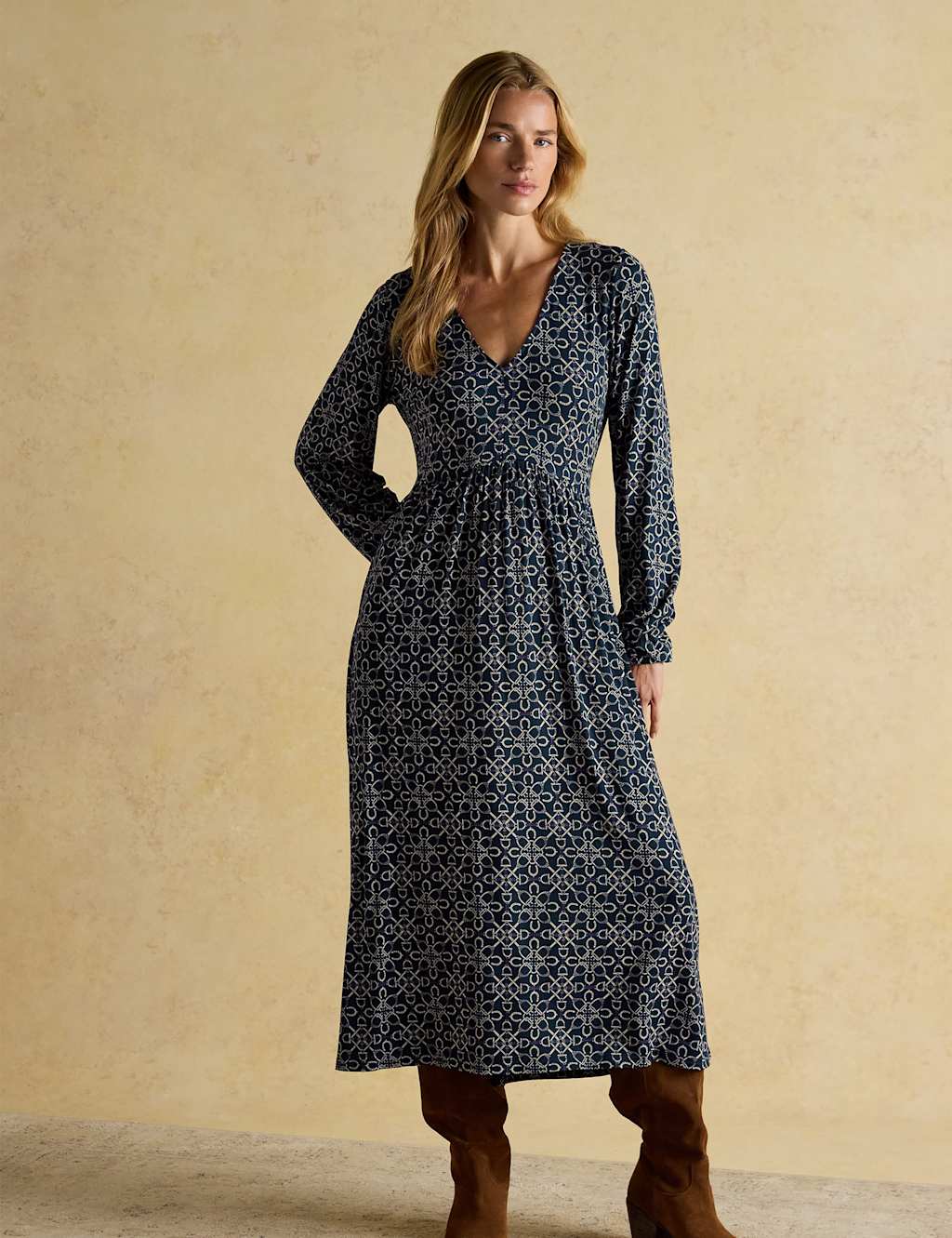 Joules Floral V-Neck Long Sleeve Midi Dress Navy Mix