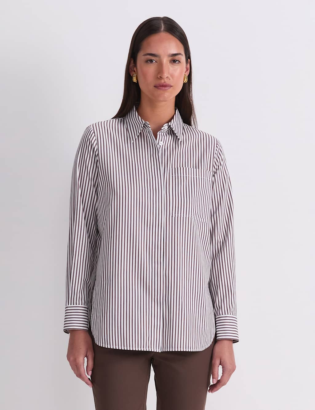 Sportscraft Women's Pure Cotton Striped Shirt - 8 - Brown - Available at M&S