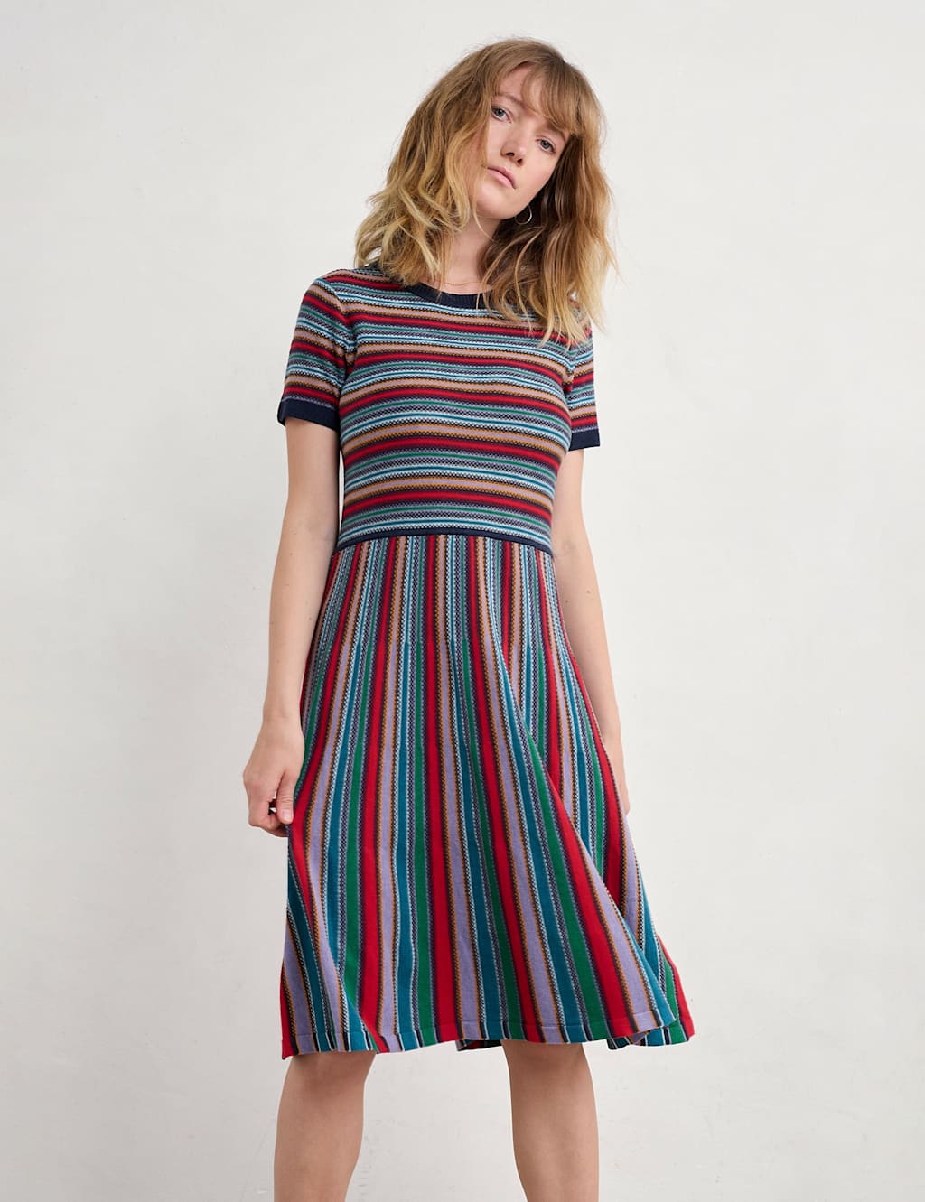 Pure Cotton Striped Midi Skater Dress