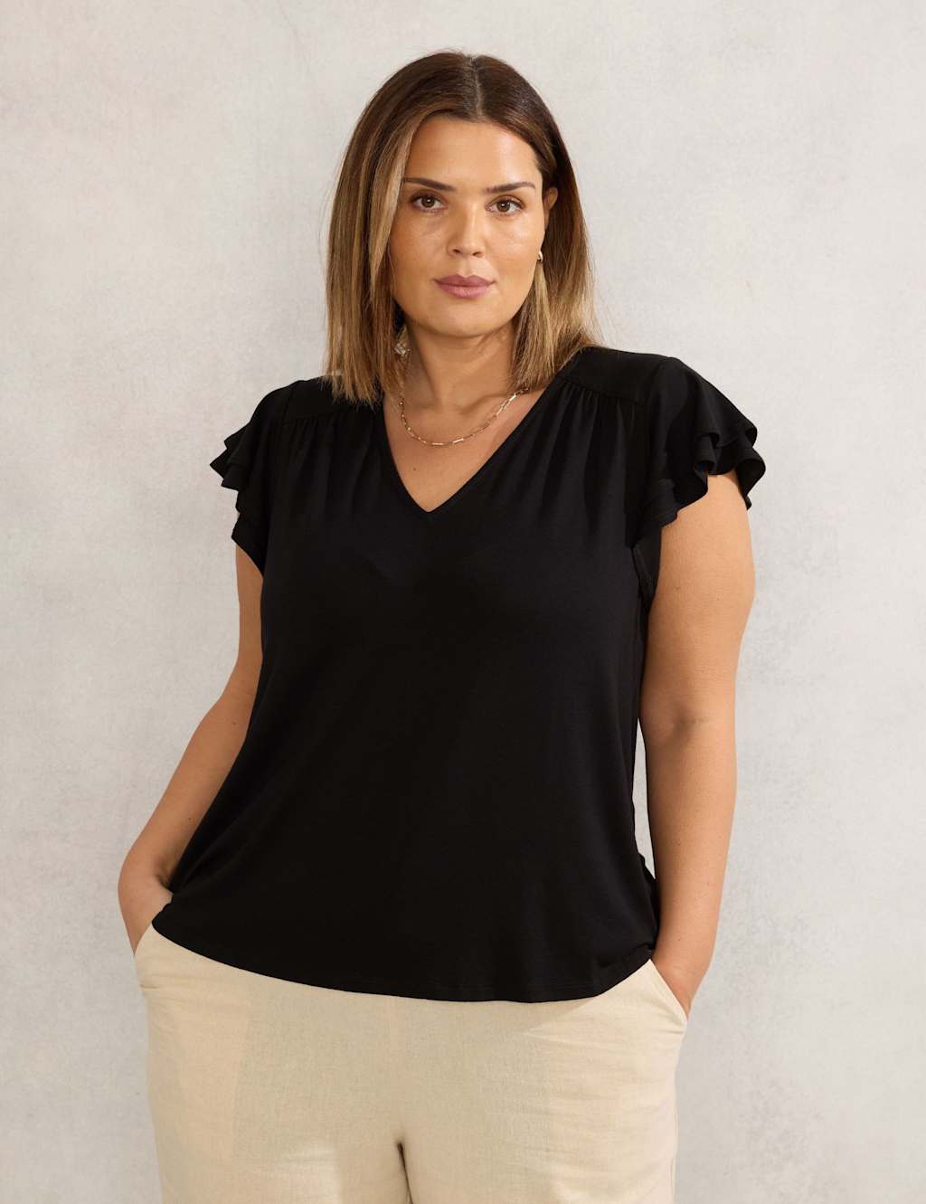 Jersey V-Neck Flutter Sleeve Top